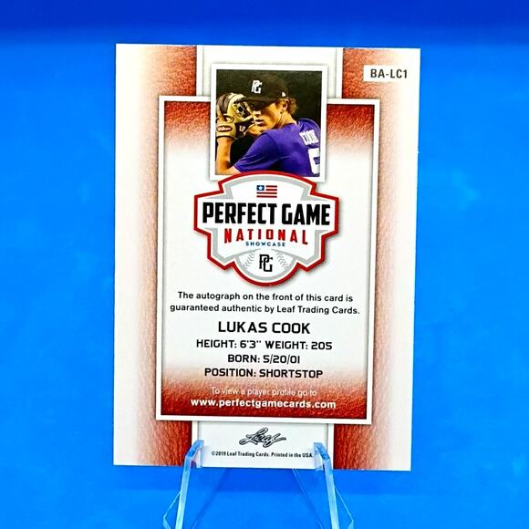 2019 Leaf Perfect Game National Showcase - Autographs Lukas Cook #BA-LC1 SP 1/1 - Picture 3 of 4